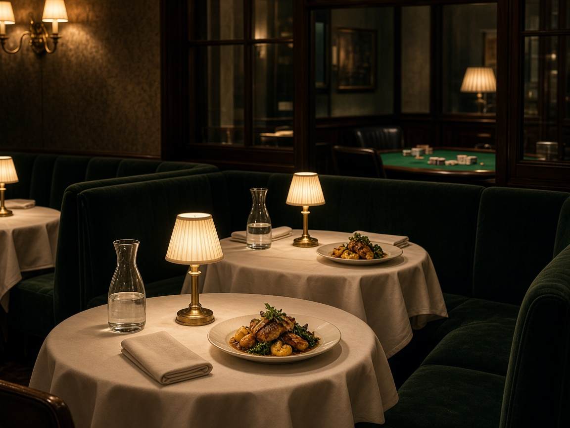 Dining room at GastropixUK.com with velvet seating and prepared tables