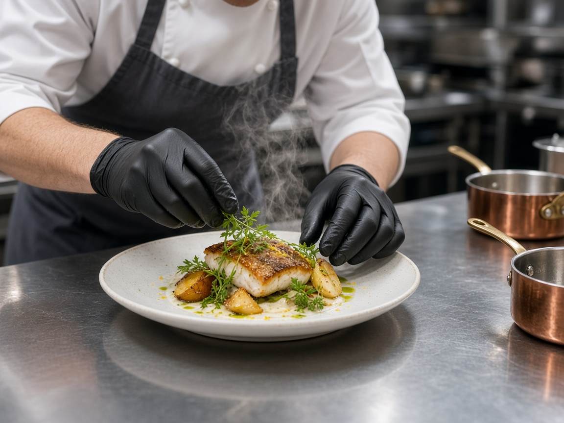 Chef plating a seasonal dish in the GastropixUK.com kitchen